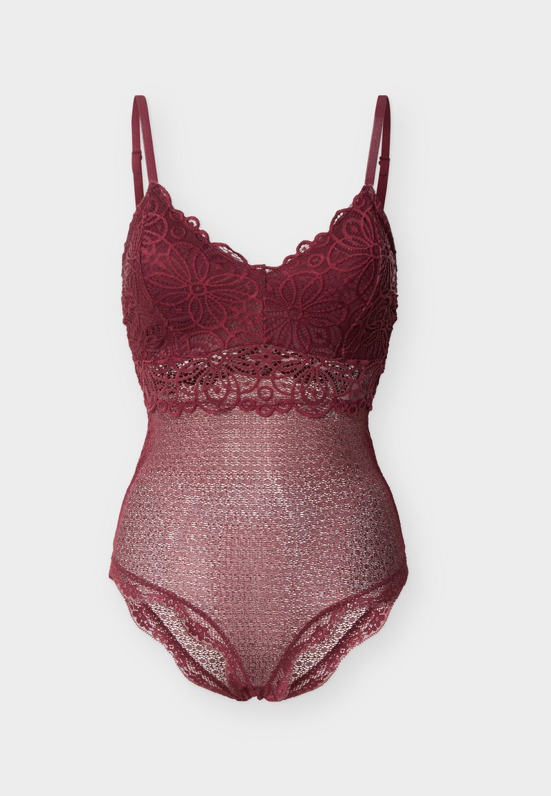 Body en dentelle bordeaux avec motifs floraux, bretelles réglables et taille en maille transparente, présenté sur un fond uni.