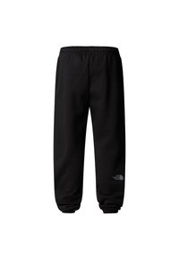 Pantalones deportivos negros con cintura elástica, aberturas de piernas ajustadas y un pequeño logotipo en la parte inferior de la pierna izquierda. Hechos de tela suave.