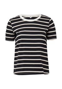 Zwart-wit gestreepte kortarm T-shirt met een ronde hals, voorzien van horizontale strepen van verschillende breedtes en een gladde stofstructuur.