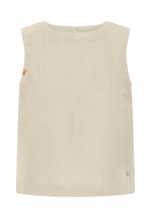 Beiges ärmelloses Leinen-Top mit rundem Ausschnitt und kleinen bunten Stickereien auf der oberen linken Seite.