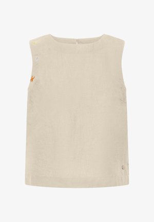 Beiges ärmelloses Leinen-Top mit rundem Ausschnitt und kleinen bunten Stickereien auf der oberen linken Seite.
