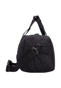 Sort nylon taske med en rund form, udstyret med en justerbar rem, topgreb og en lynlåslomme på bagsiden. Tekstureret stof.