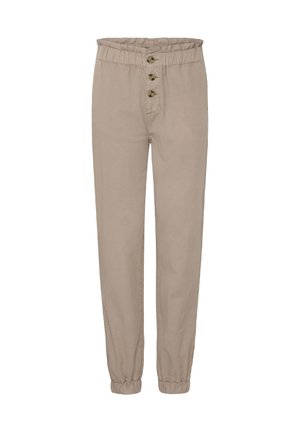 Beige smale bukser med elastisk midje og mansjetter, med tre knapper foran og en slank passform.