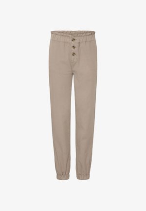 Beige smale bukser med elastisk midje og mansjetter, med tre knapper foran og en slank passform.