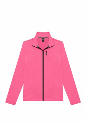 Ružová fleecová bunda s vysokým golierom, čiernym zipsom a detailom loga. Má dlhé rukávy a priliehavý strih.