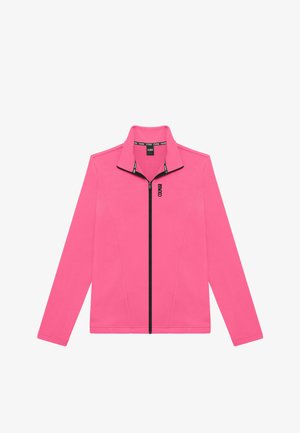 Rožinė fliso striukė su aukštu apykakle, juodu užtrauktuku ir logotipo detale. Yra ilgos rankovės ir prigludusi forma.