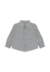 Camisa de manga larga con botones, de patrón a cuadros verde y negro y un bolsillo en el pecho sobre fondo blanco.