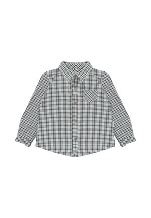 Camisa de manga larga con botones, de patrón a cuadros verde y negro y un bolsillo en el pecho sobre fondo blanco.