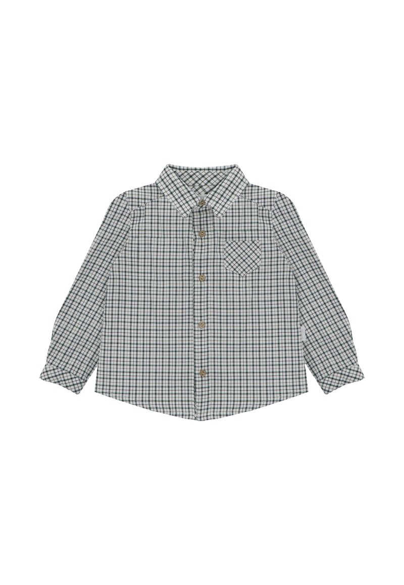 Camisa de manga larga con botones, de patrón a cuadros verde y negro y un bolsillo en el pecho sobre fondo blanco.