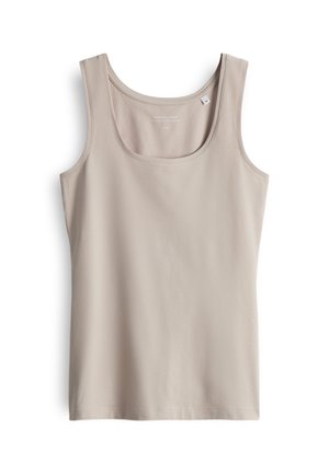 Beige tank top made of soft cotton, featuring a rounded neckline and wide shoulder straps. Smooth texture with no patterns or accents.