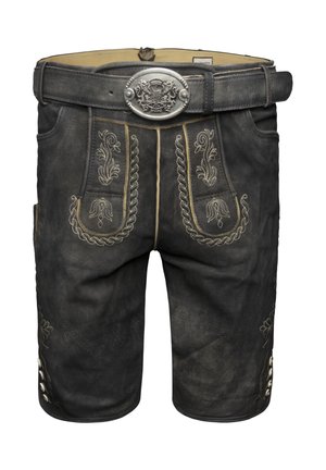 Lederhosen negros con bordados plateados detallados en la parte frontal y los laterales, con una hebilla decorativa plateada y textura de cuero.