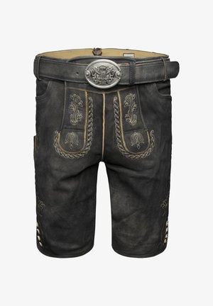 Lederhosen neri con dettagli di ricami argentati sul davanti e ai lati, caratterizzati da una fibbia decorativa in argento e una texture in pelle.