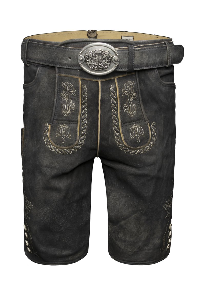 Czarne lederhosen z ozdobnym srebrnym haftem z przodu i po bokach, z dekoracyjnym srebrnym klamrą i skórzaną fakturą.