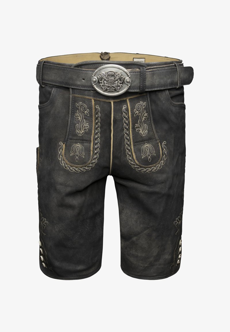 Czarne lederhosen z ozdobnym srebrnym haftem z przodu i po bokach, z dekoracyjnym srebrnym klamrą i skórzaną fakturą.