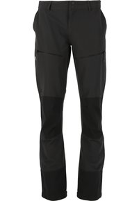 Zwarte buitenbroeken gemaakt van flexibel materiaal, met een verstelbare taille, ritszakken, contrasterende zwarte kniestukken en versterkte naden.