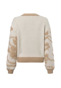 Cremfarbener Pullover mit blassbraunen abstrakten Mustern an den Ärmeln. Kurz geschnittenes Design, gerippter Saum und Bündchen, weiche Textur und runder Ausschnitt.