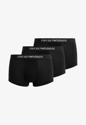 Three pairs of black boxer briefs with a fabric waistband featuring the "Emporio Armani" logo in white, smooth texture, standard shape.