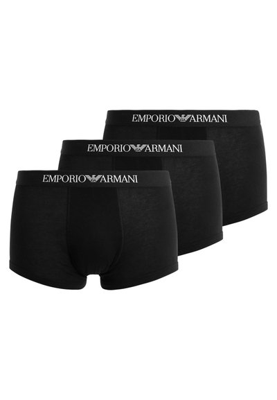 Tri parov črnih bokseric z mrežastim pasom, na katerem je v beli barvi napisan logotip "Emporio Armani". Imajo gladko teksturo in standardno obliko.