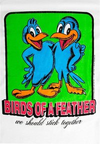 Pájaros de dibujos animados azules con picos naranjas están juntos sobre un fondo verde brillante. El texto dice: "PÁJAROS DE UN MISMO PLUMÓN, DEBERÍAMOS QUEDARNOS JUNTOS."