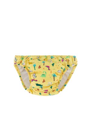 Pańal de baño amarillo para niños pequeños con motivos coloridos de dinosaurios, cactus y palmeras, cintura y aperturas elásticas para las piernas.
