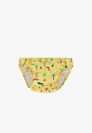 Pańal de baño amarillo para niños pequeños con motivos coloridos de dinosaurios, cactus y palmeras, cintura y aperturas elásticas para las piernas.