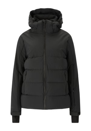 Svart puffjacka med hög krage, dragkedja fram och elastiska ärmmuddar. Den har två sidofickor med dragkedja och en kviltad design.