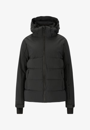 Schwarze Daunenjacke mit hohem Kragen, Reißverschluss und elastischen Bündchen. Sie verfügt über zwei seitliche Reißverschlusstaschen und ein gestepptes Design.