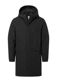Black long winter coat with hood, front zipper and flap pockets, designed for cold weather protection.