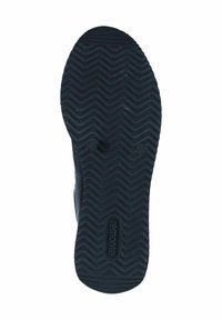Zwarte schoenenzool met een zigzagloopvlak, met het merklogo "remonté" prominent aanwezig. Duurzaam materiaal met een gestructureerd oppervlak.
