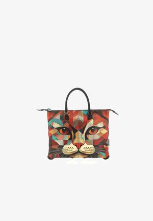 Borsa a tracolla colorata con motivo geometrico a forma di faccia di gatto, manici neri e chiusura con zip su sfondo bianco.