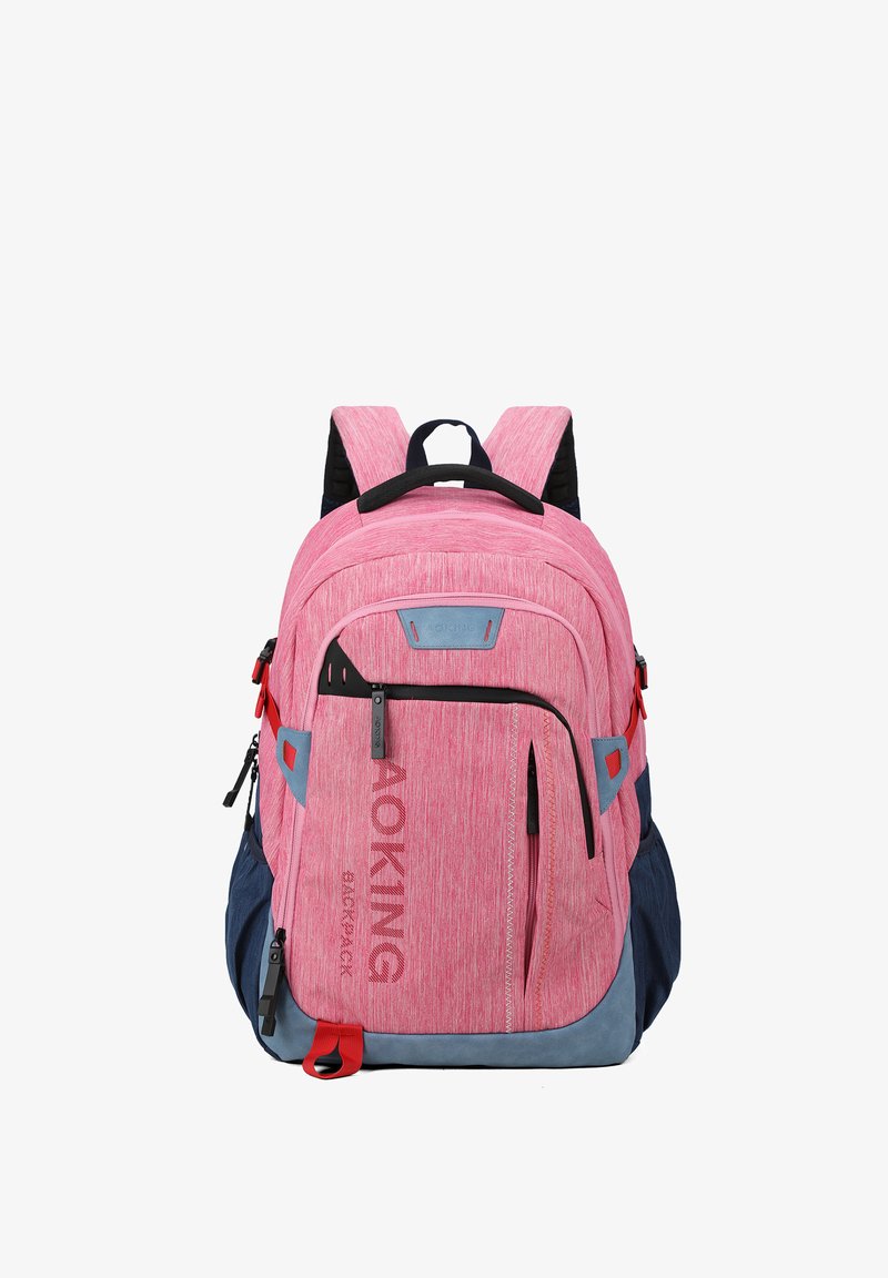 Roze stoffen rugzak met blauwe en rode accenten, voorzien van verstelbare schouderbanden, meerdere ritsvakjes en een gestructureerd materiaal.