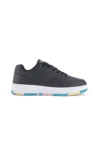 Sneaker sintetici grigi con lacci neri, suola intermedia bianca e suola in gomma multicolore. Presentano una punta arrotondata e un colletto imbottito.