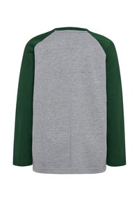 Langsleeve shirt met een grijs lichaam en groene raglanmouwen. Gemaakt van katoen, met een ronde halslijn en een gladde textuur.