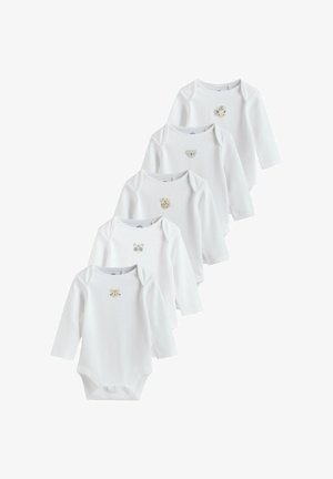 Cinq bodys blancs à manches longues pour bébé avec différentes broderies d'animaux sur la poitrine, en coton doux et fermetures à pression à l'entrejambe.