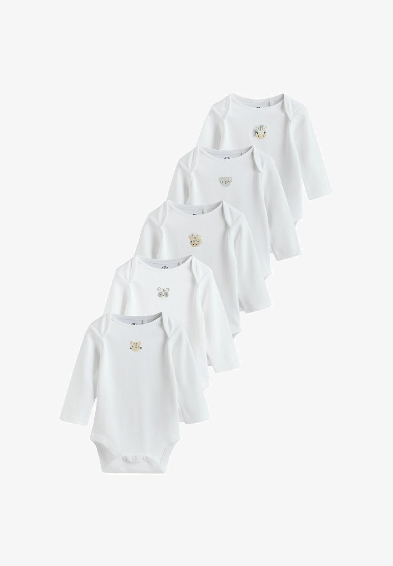 Fünf langärmelige weiße Baby-Strampler mit verschiedenen Tierstickereien auf der Brust, aus weichem Baumwollmaterial und mit Druckknöpfen am unteren Ende.