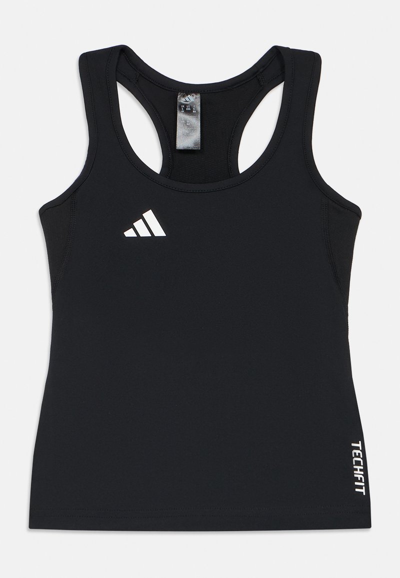 Svart Adidas Techfit ermeløs treningstopp med racerback og hvit logo på brystet og siden.