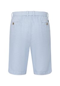 Light blue shorts with an elastic waistband, two back pockets with button closures, and a smooth, textured fabric.