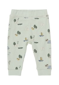 Ljust gröna ribbade bomullsbukser med ett lekfullt mönster av djur och natur. Elastisk midja med tighta ärmslut vid anklarna.