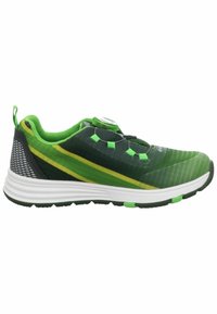 Zielone buty sportowe z teksturowaną cholewką, kontrastującymi żółtymi paskami, systemem zamknięcia bez sznurówek oraz białą podeszwą środkową z zielonymi akcentami.