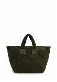 Quilted green tote bag featuring two short handles and square leather accents. The bag has a spacious shape with diamond patterns.