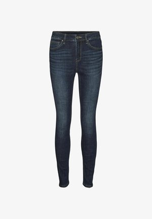 Dunkelblaue Skinny-Jeans aus Denim, mit fünf Taschen, einem Reißverschluss vorne und subtiler Verblassung entlang der Beine.