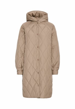 Beige gesteppter langer Mantel mit Kapuze, ausgestattet mit einem Rautenmuster, Druckknöpfen und langen Ärmeln mit elastischen Bündchen.