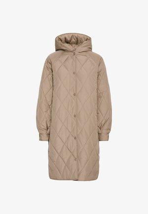 Palton lung bej, matlasat, cu glugă, având un model în diamant, încheiat cu capse și mâneci lungi cu manșete elasticizate.