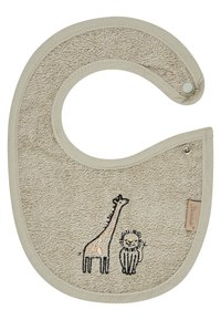 Beige Frottee-Lätzchen mit geschwungener Form, verziert mit gesticktem Giraffe und Löwen sowie Druckknopfverschluss. Weiche Textur und neutrale Farbe.