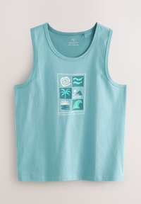 Gaiši tirkīza krāsas kokvilnas krekls bez piedurknēm ar grafisku kvadrātu rakstu, kuros attēlotas okeāna tematikas dizaini baltā un tumši tirkīza krāsā. Parasts piegriezums.