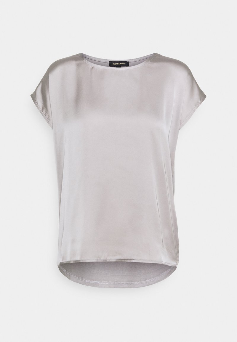 Gray satin short-sleeve top with a rounded neckline, curved hem, and soft texture. Features a loose-fit design for comfort.