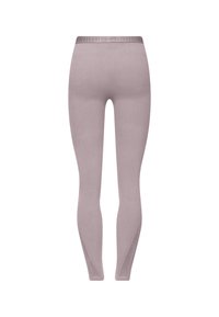 Leggings in tessuto mauve chiaro uniforme, con una cintura larga caratterizzata da un sottile logo. I dettagli in rete laterale aggiungono texture e traspirabilità.