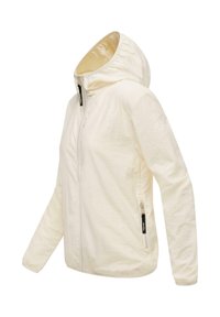 Jachetă ușoară, de culoare crem, cu glugă, două buzunare laterale cu fermoar și mansete elastice pentru un design ajustat. Material texturat, rezistent la apă.