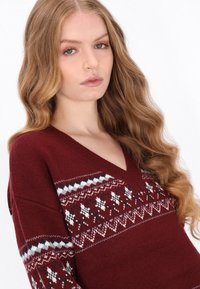 Bordowy sweter z głębokim dekoltem w kształcie litery V, z dzianinowym wzorem w białe, niebieskie i czarne akcenty na klatce piersiowej i rękawach.