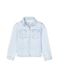  lichtblauwe denimjack met een houndstoothpatroon, twee voorkruiden, een kraag, knoopsluiting en lange mouwen. Gestructureerde stof.